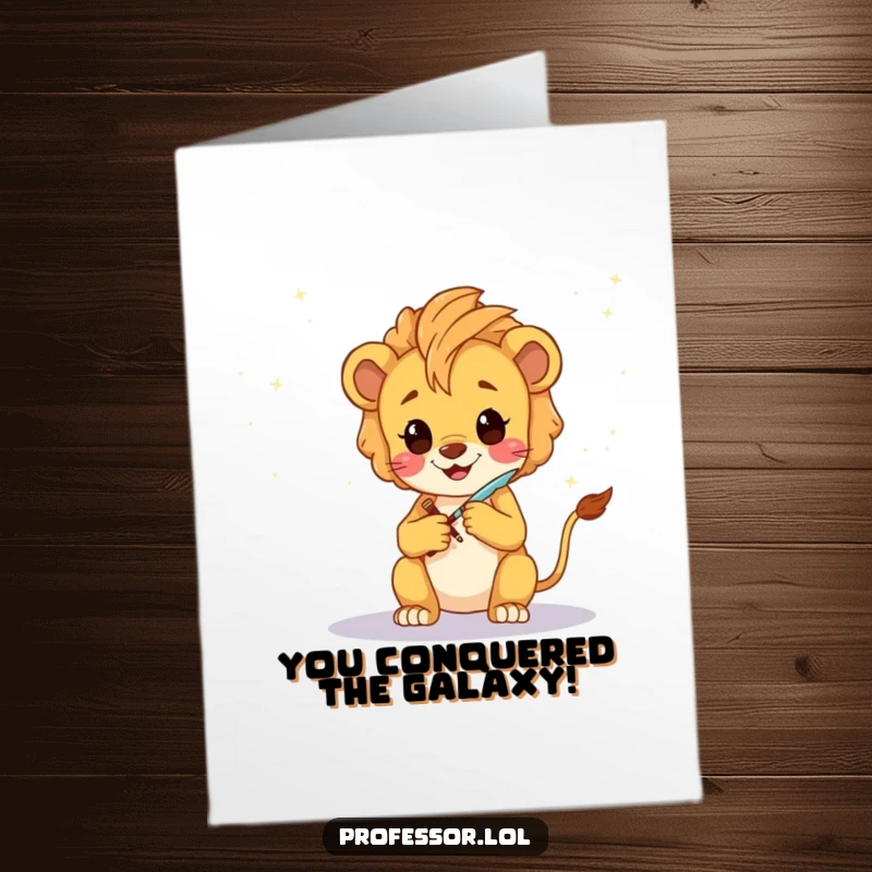 Funny Free Printable congratulations card showing a happy Kawaii lion cub sketching a fantastical galaxy to celebrate a stellar achievement.