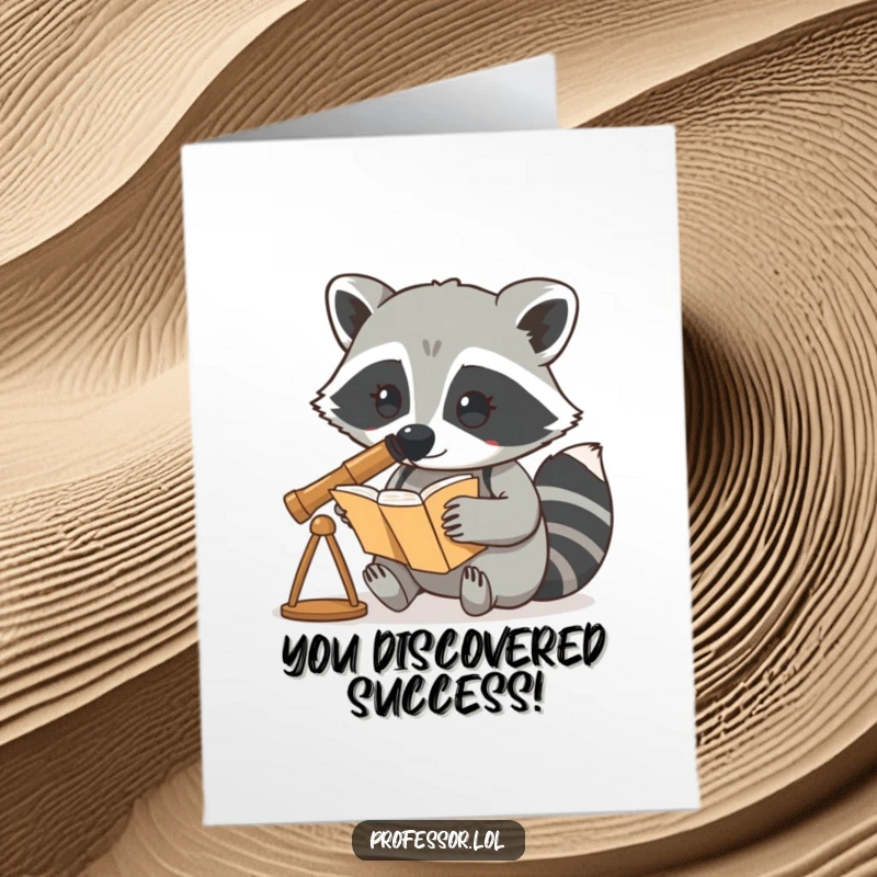 Funny Free Printable Congratulations Card: A raccoon uses a telescope to excitedly gaze at a book, signifying discovery.