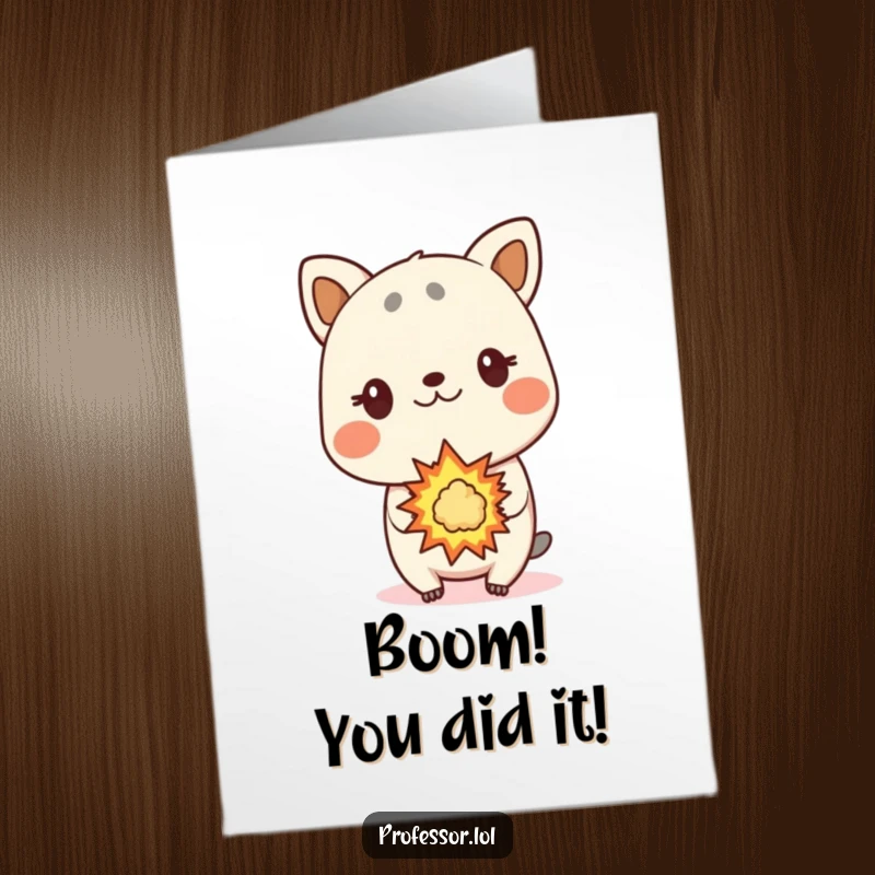 Free Printable Congratulations Card: A cute animal character shows pure surprise as a small, controlled explosion goes off nearby.