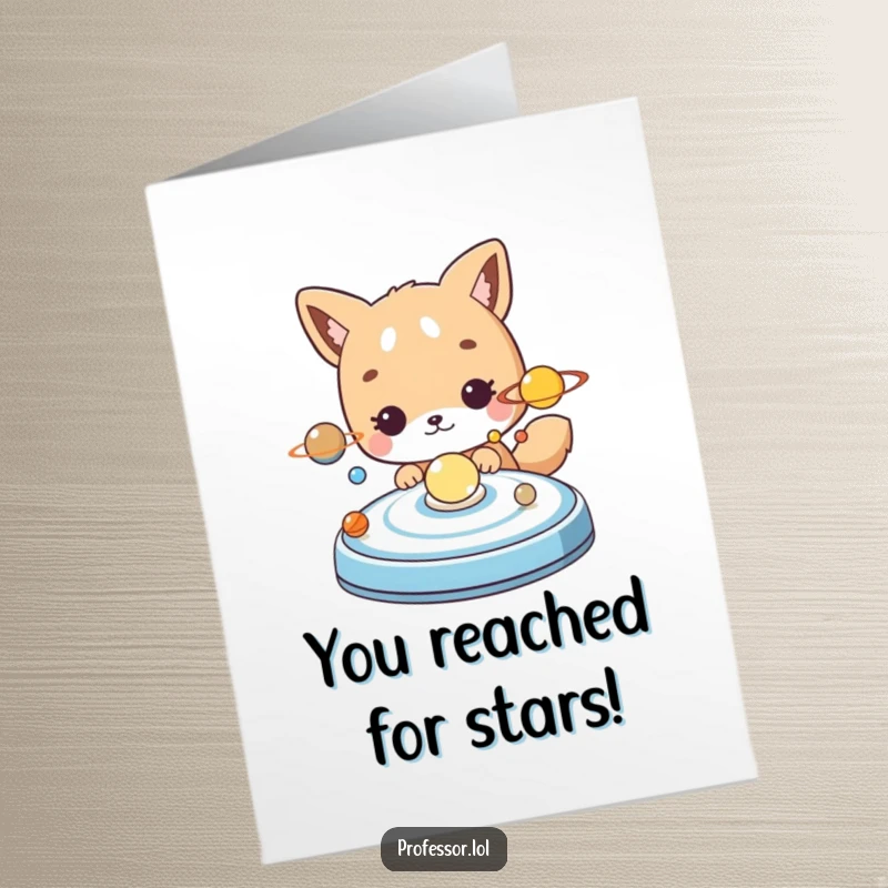 Funny Free Printable Congratulations Card: Amused animal examining a solar system model, celebrating big achievements humorously.
