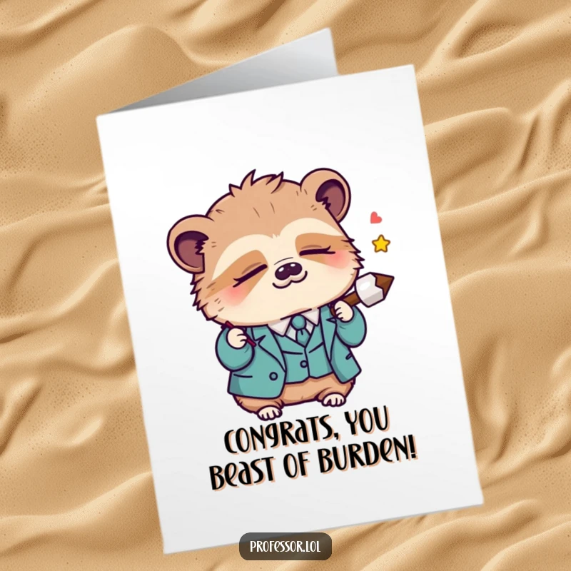 Funny Free Printable Congrats Card: Sleepy Kawaii sloth professor dozing off, celebrating a hard-earned success with gentle humor.