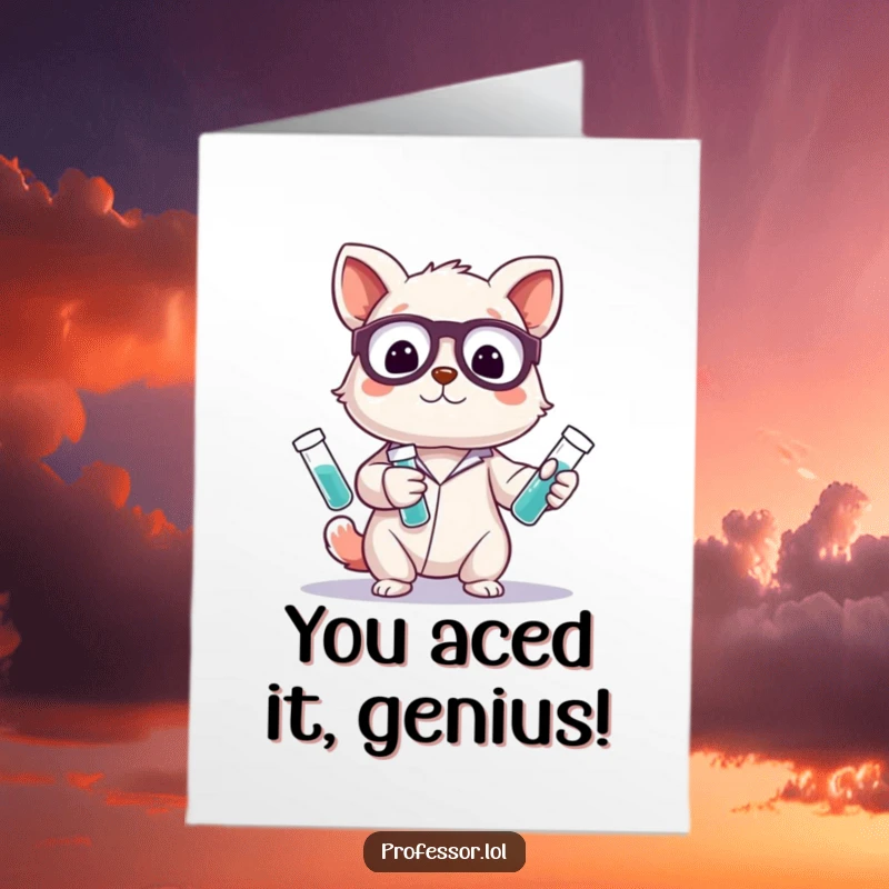Funny Free Printable Congratulations Card: Adorable animal scientist character triumphantly juggling test tubes, celebrating an achievement.