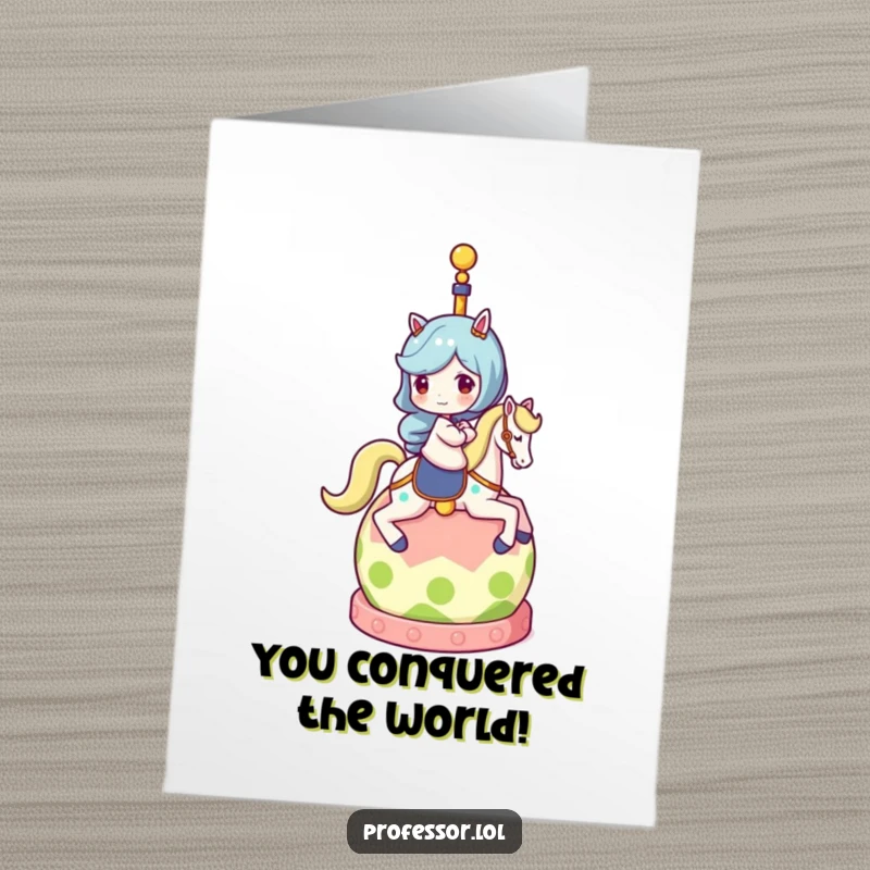 Free printable congratulations card showing a character joyfully riding a globe, celebrating a momentous achievement with playful energy.