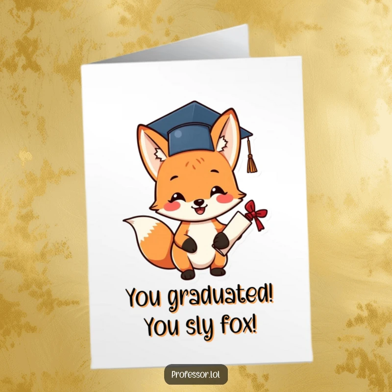 Funny Free Printable Fox Graduation Card: A cheerful fox wearing a graduation cap holds a diploma with excitement.