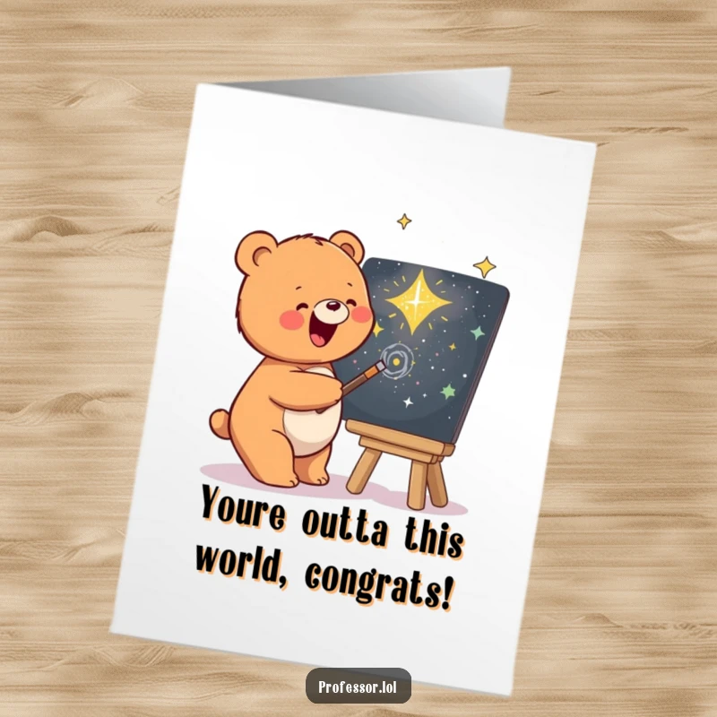 Funny Free Printable Congratulations Card: Joyful Bear sketching a swirling galaxy chalkboard, celebrating success.