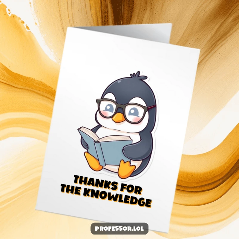 Funny Free Printable Penguin Thank You Card: A chubby penguin wearing spectacles reads a thick book, expressing thanks.
