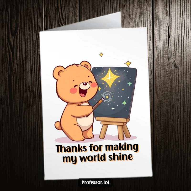 Funny Free Printable Thank You Card: Joyful Bear creating a starry galaxy on a chalkboard.