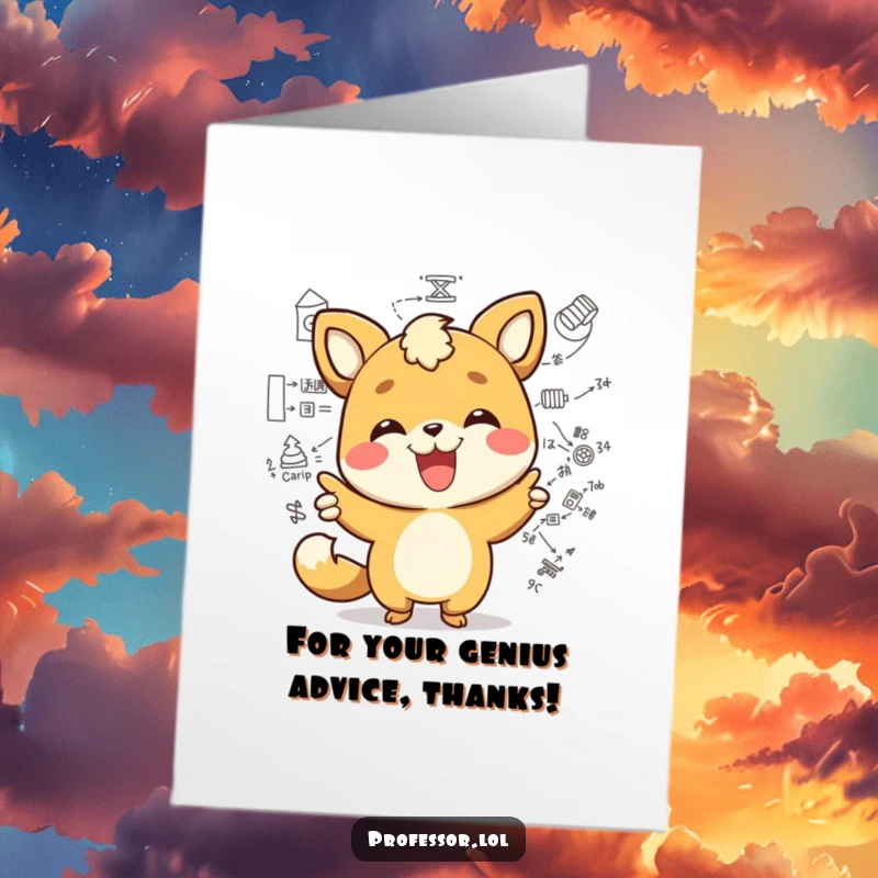 Funny Free Printable Thank You Card: Kawaii animal character pointing enthusiastically at a detailed diagram, expressing thanks.