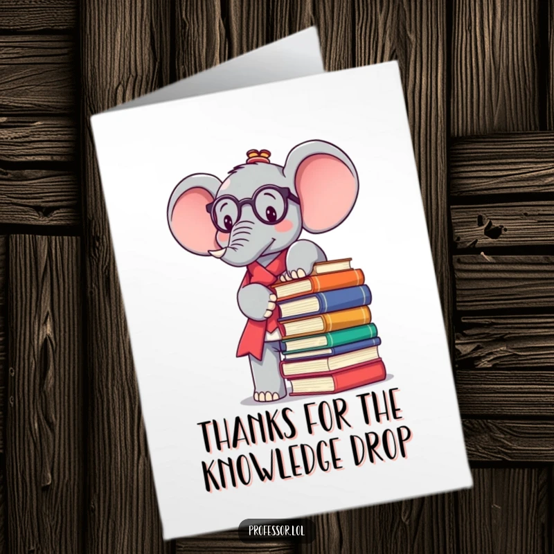 Funny Free Printable Thank You Card: Kawaii elephant professor holding a thank you sign, looking wise and grateful.