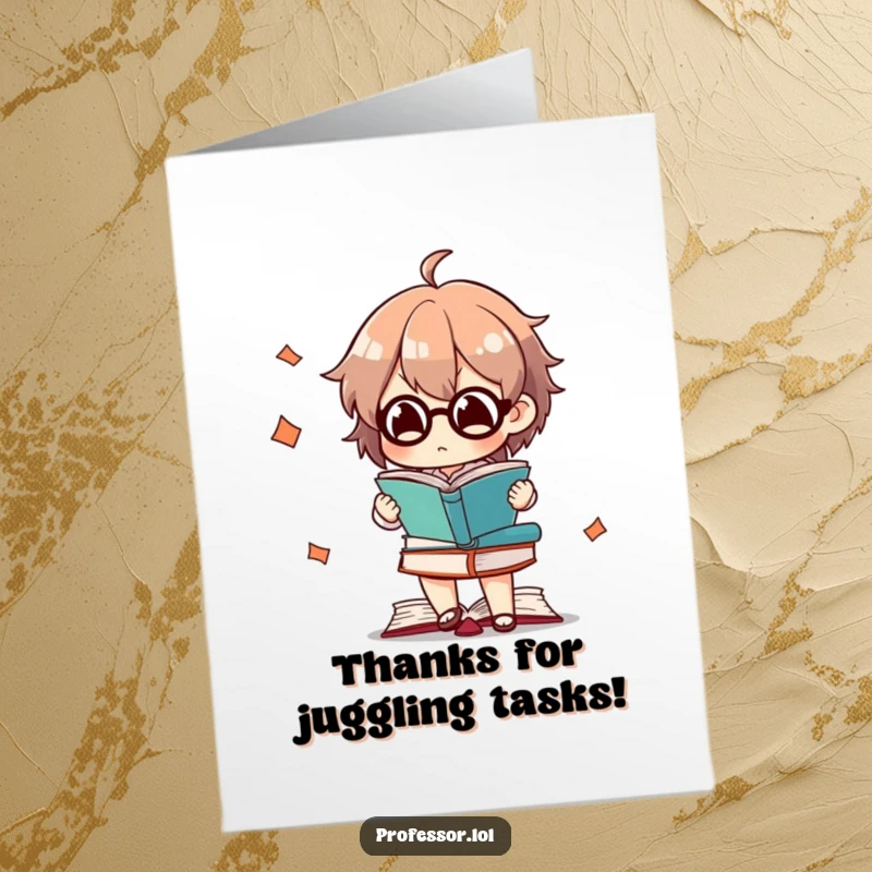 Funny Free Printable Thank You Card: Character concentrating hard while juggling a tower of books, showing effort.