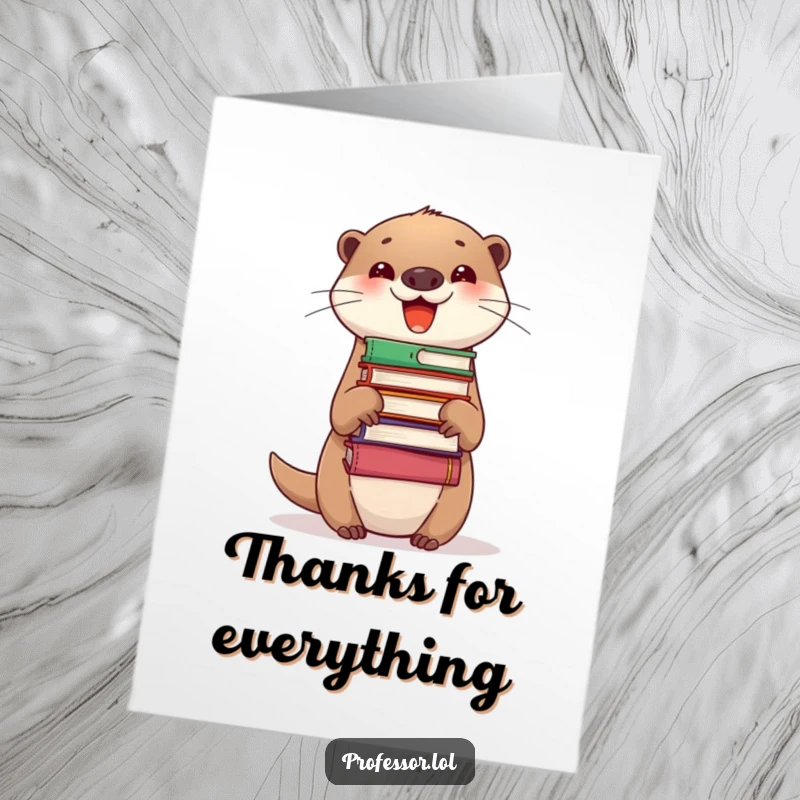 Funny Free Printable Thank You Card: A happy otter with wide eyes balancing a precarious stack of books on its nose, showing gratitude.
