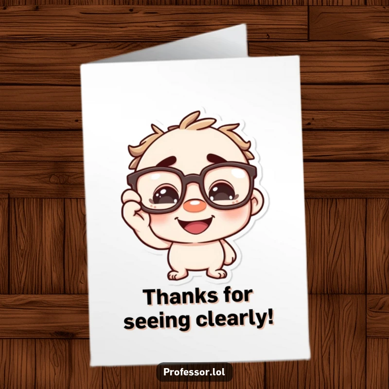 Funny Free Printable Thank You Card: Character with oversized spectacles adjusting them playfully with a smile, expressing thanks.