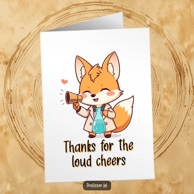 Funny Free Printable Thank You Card: a giggling Kawaii fox professor uses a beaker megaphone to express thanks joyfully.