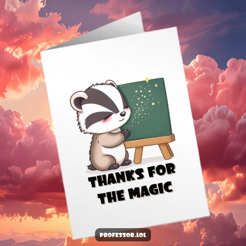 Funny Free Printable Thank You Card: Sleepy badger with a dreamy expression sprinkling glowing stardust onto a blackboard, expressing gratitude.