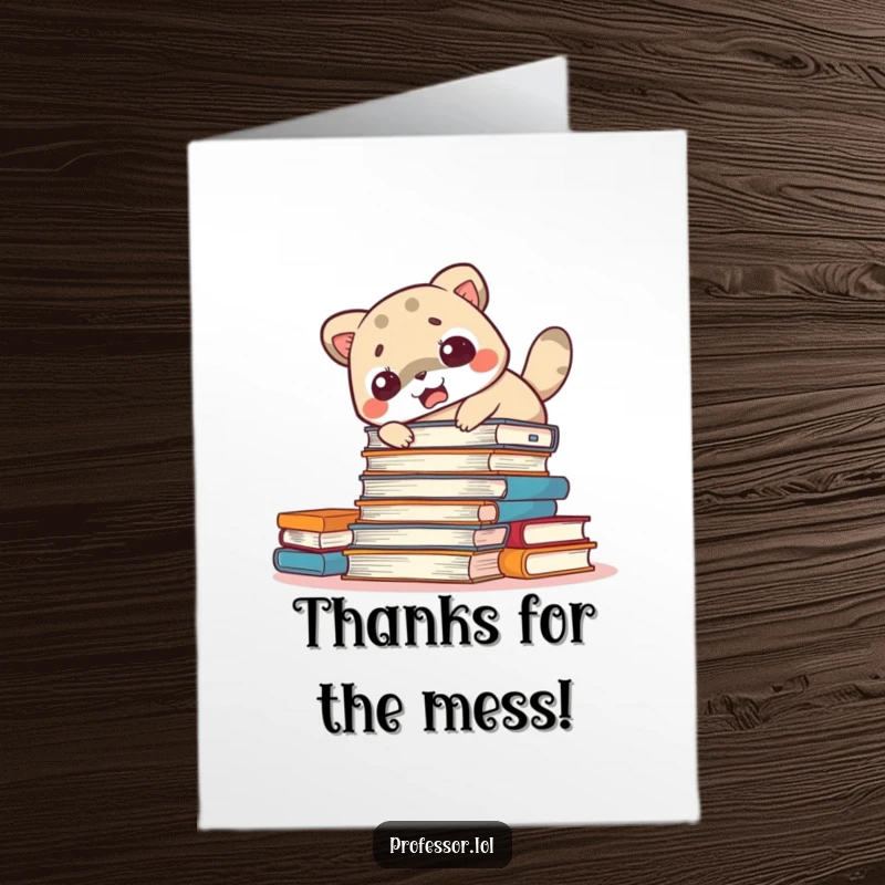 Funny Free Printable Thank You Card: An animal's startled reaction causes a book avalanche, a funny thank you.