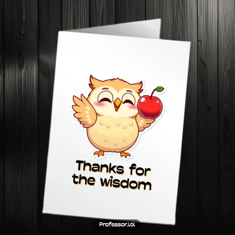 Funny Free Printable Thank You Card: An excited owl demonstrates physics with a falling apple, a symbol of earned knowledge.
