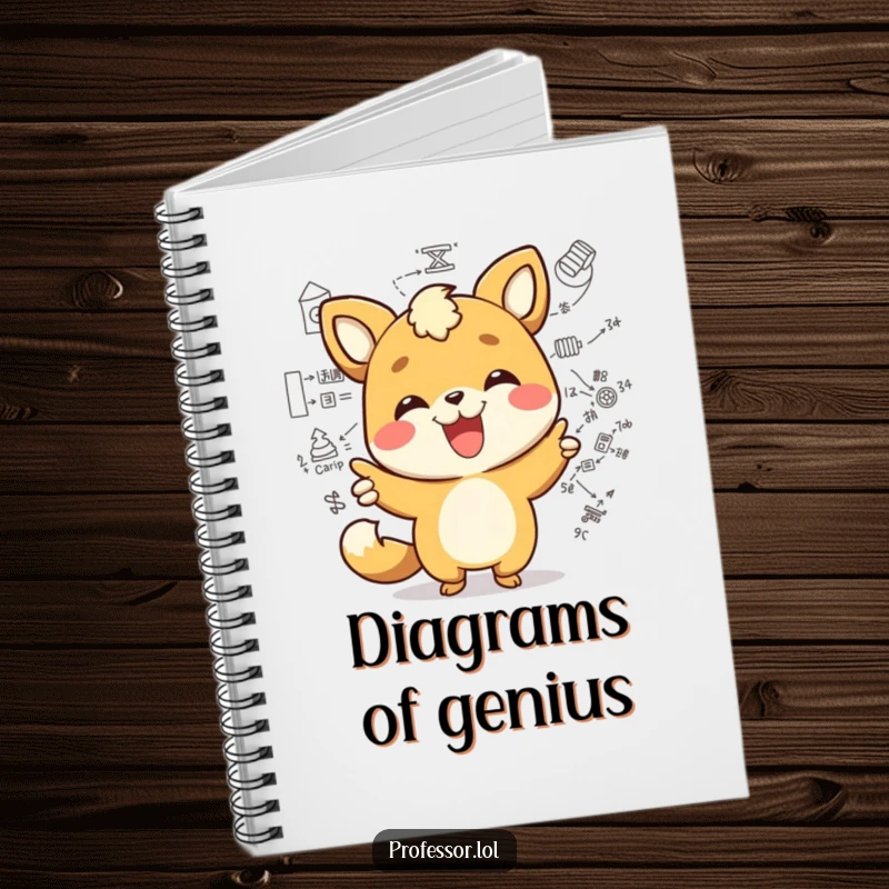 Funny kawaii animal character joyfully pointing at a complex diagram with a wide smile, a humorous notebook for notes and ideas. Inspiring and cute.