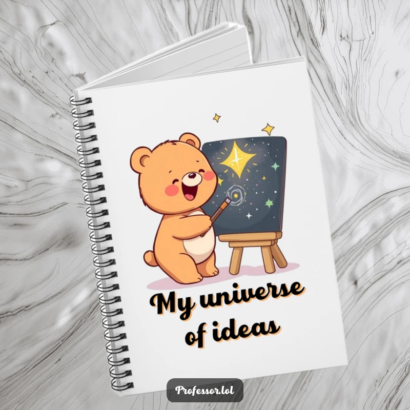 Funny notebook with a bear artist sketching a galaxy on a chalkboard, inspiring creative thoughts and notes.