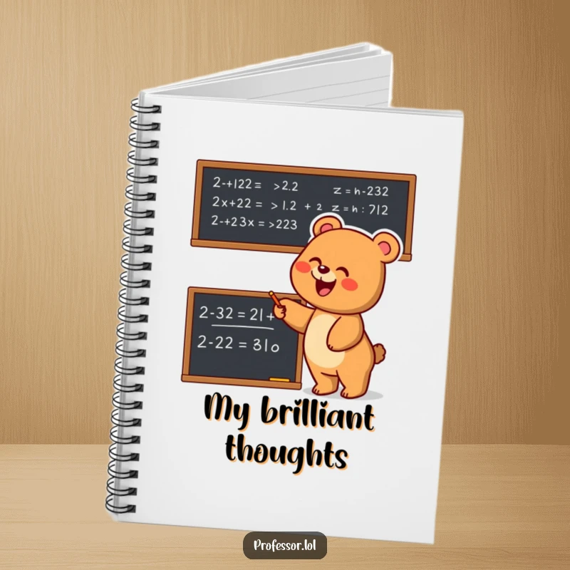 Funny Bear Math Notebook: Joyful bear enthusiastically points at a complex equation, ideal for writing notes with math-themed humor.