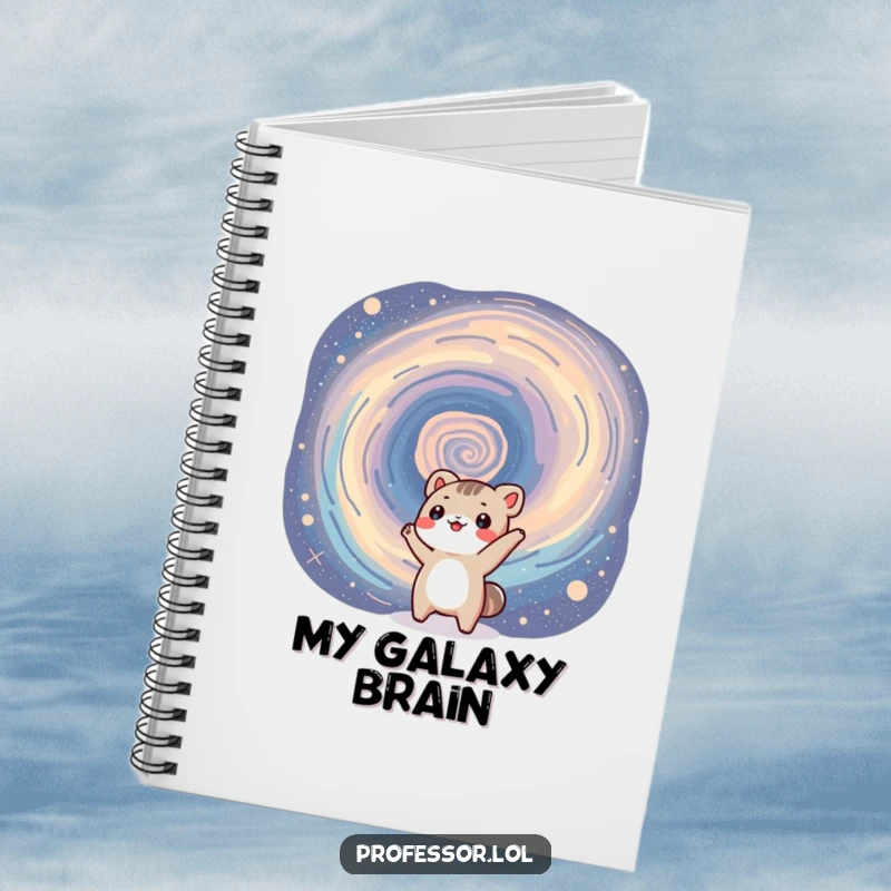 Funny notebook cover with a small animal character gesturing towards a swirling galaxy, encouraging creative writing and doodles.