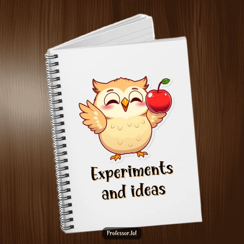 Funny notebook featuring an excited owl demonstrating physics with a falling apple, designed for jotting down notes with a smart vibe.
