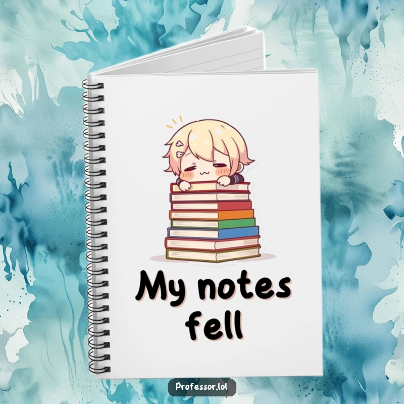 Funny notebook with a character comically tripping over books, ideal for jotting down notes with a humorous, relatable theme.