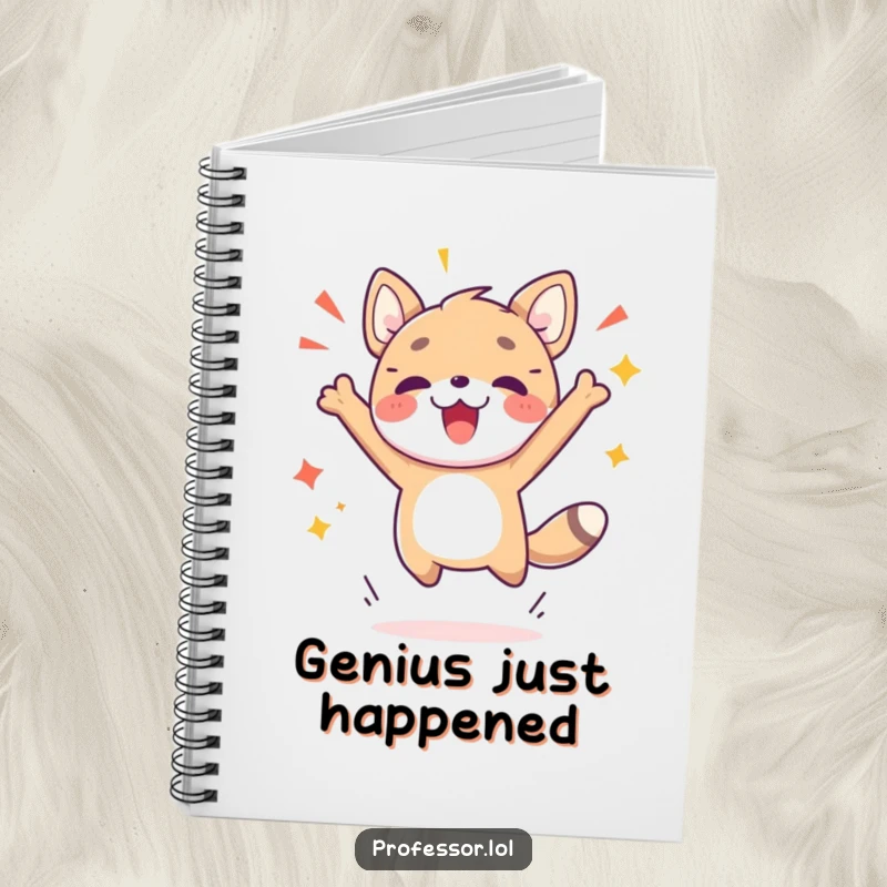 Funny notebook featuring a cute animal character triumphantly jumping, celebrating a breakthrough moment, ideal for notes and ideas.
