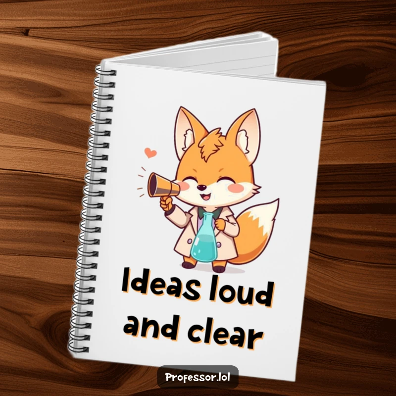 Funny Kawaii fox professor notebook, giggling character with beaker megaphone, ideal for notes and journaling, humorous study accessory.