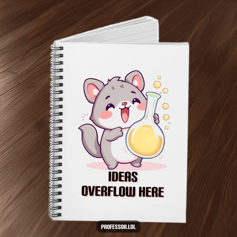 Funny cute animal scientist character holding a bubbling overflowing beaker, a humorous notebook for ideas and notes. Perfect for school.