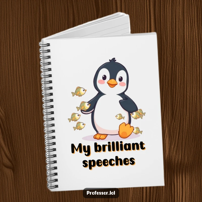 Funny notebook featuring a playful penguin lecturing tiny fish, designed for jotting down notes with a witty vibe.