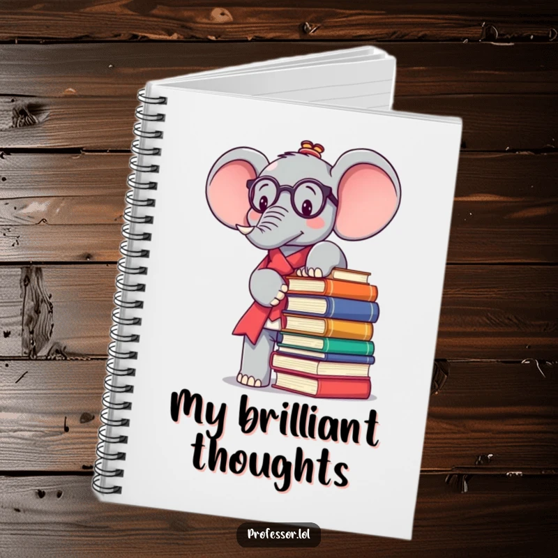Funny Kawaii elephant professor on a notebook cover, balancing books, ideal for students and note-takers.