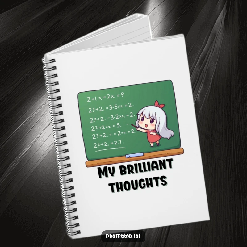 Funny notebook with a character pointing energetically at math equations on a chalkboard, for note-taking.