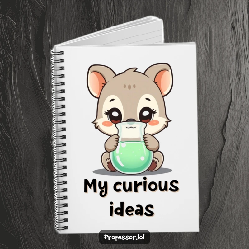Funny notebook with a curious animal character observing a bubbling beaker, inspiring thoughtful note-taking and scientific ideas.