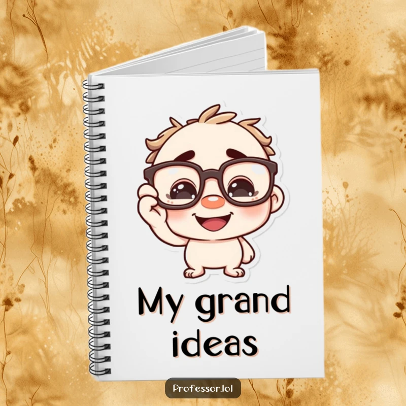 Funny character playfully adjusting oversized spectacles on its nose with a grin, a humorous notebook for ideas. Clever and useful.