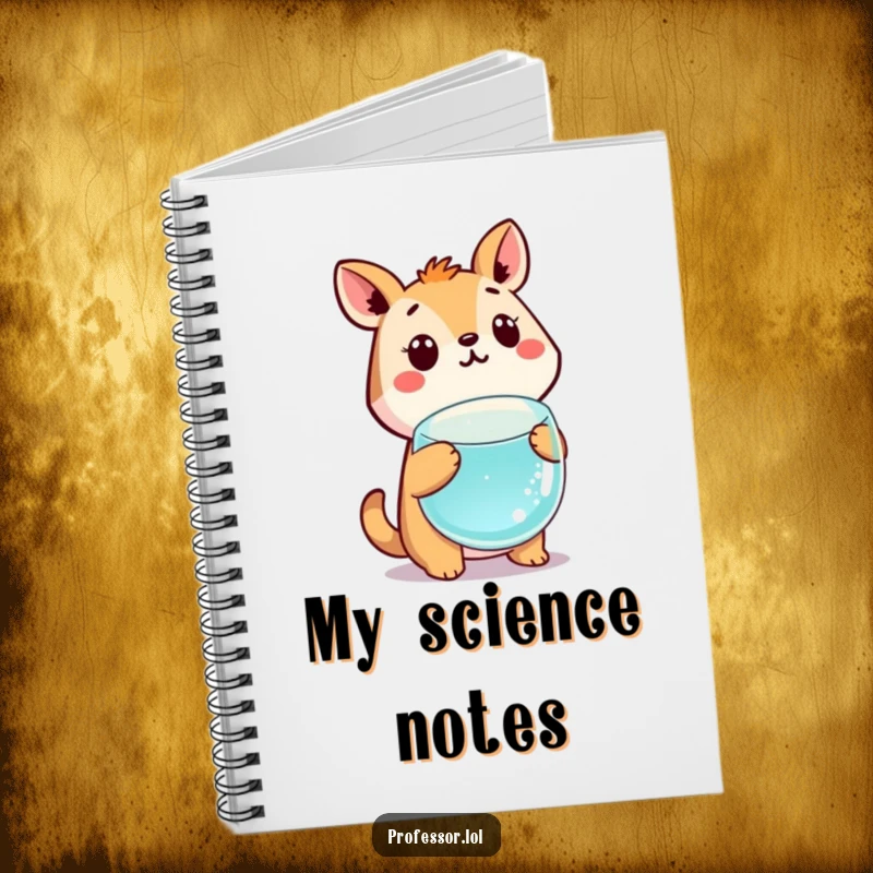 Funny cute animal character with wide, surprised eyes looking at a floating science beaker on a notebook cover.