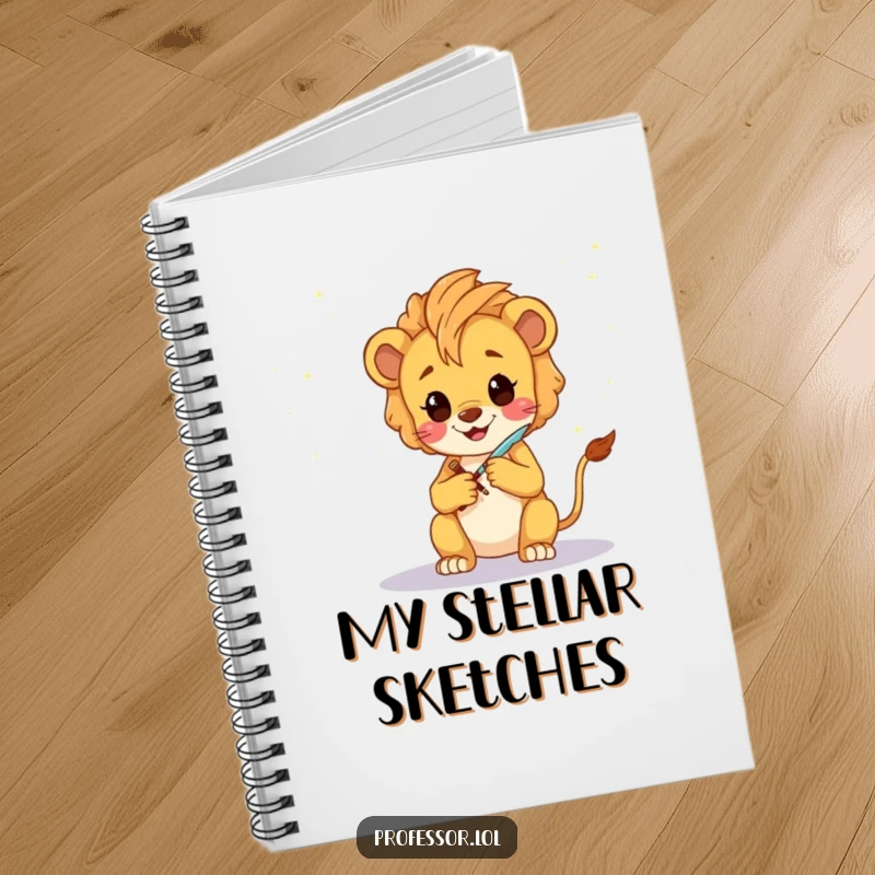 Funny Lion Cub Artist Notebook: A happy Kawaii lion cub sketching a fantastical galaxy with a glowing quill, for artistic ideas.