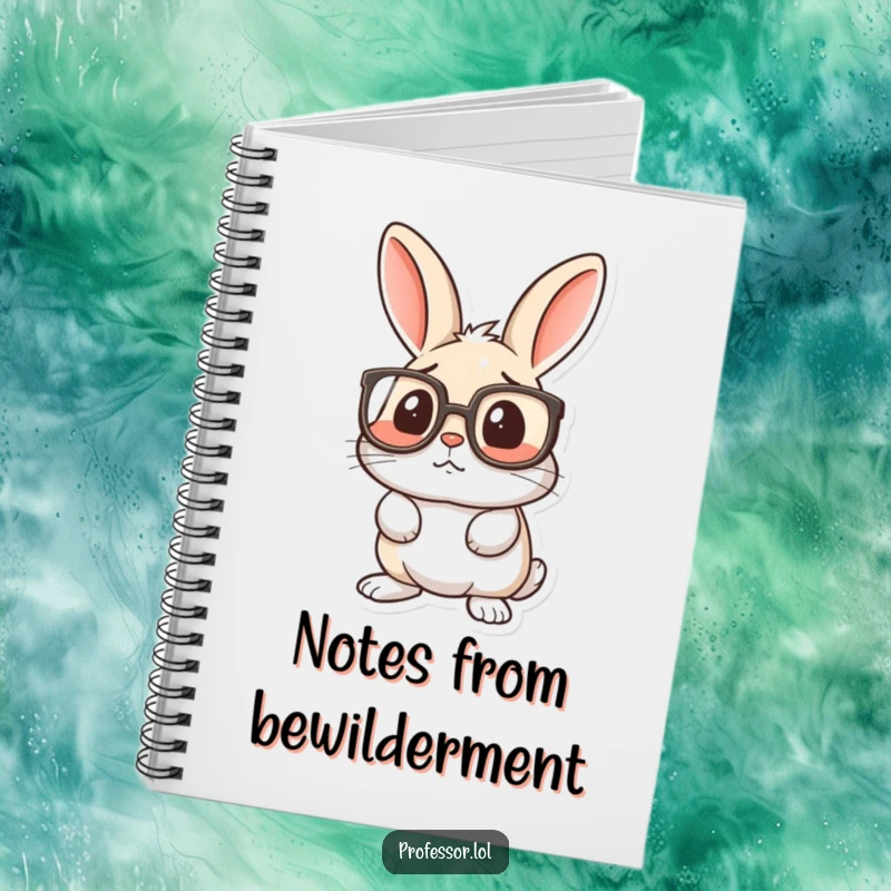 Funny notebook with a surprised rabbit wearing oversized spectacles, looking confused, ideal for jotting down thoughts.