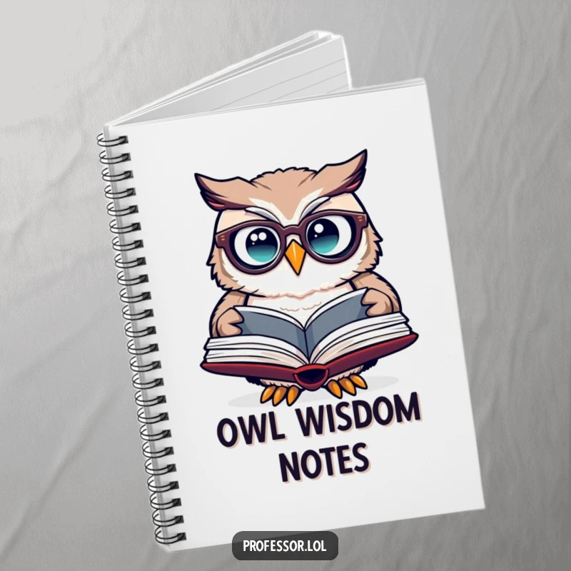 Funny owl spectacles notebook with a cute owl wearing glasses, curiously reading an open book.