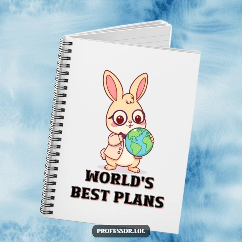 Funny Kawaii rabbit professor notebook, playful character balancing a globe on its nose, ideal for notes and journaling, humorous study accessory.