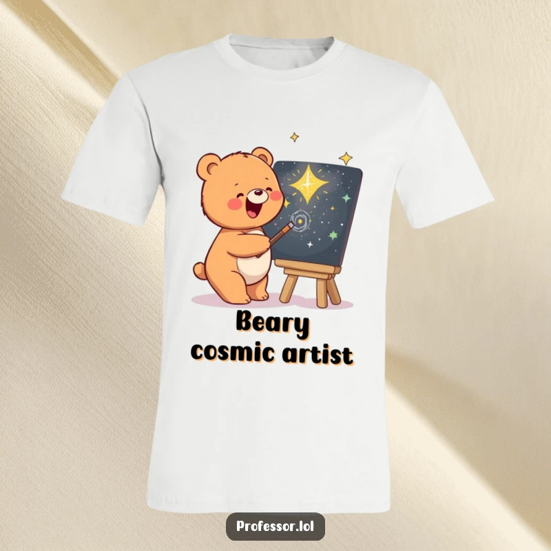 Funny t-shirt featuring a happy bear artistically sketching a swirling galaxy on a chalkboard, inspiring wonder.