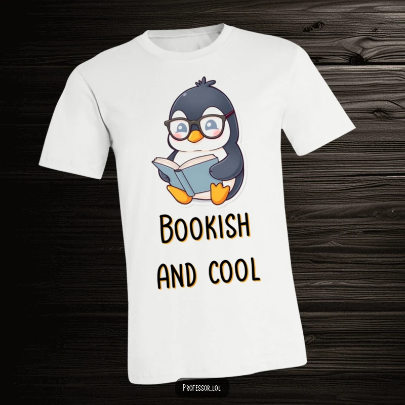 Funny Penguin Bookworm T-Shirt: Chubby penguin wearing spectacles reads a thick book, showcasing a love for literature and humor.