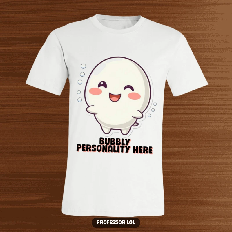 Funny t-shirt with a character joyfully smiling while mimicking a bubbling reaction, embodying enthusiasm and vibrant positivity.