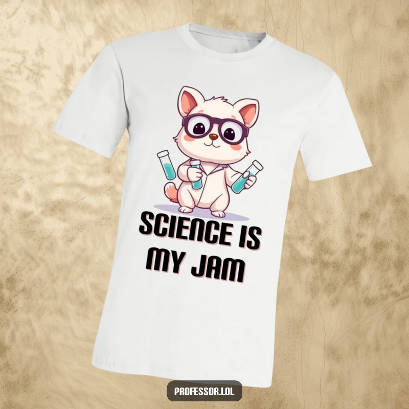 Funny t-shirt featuring a cute animal character in a lab coat, playfully juggling multiple colorful test tubes, representing scientific fun and intelligence.