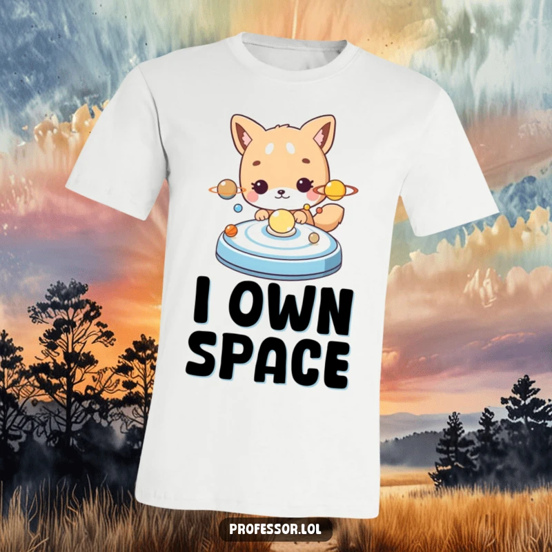 Funny cute animal character curiously looking at a model of the solar system, perfect for space enthusiasts.