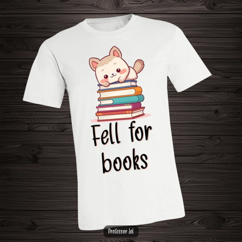 Funny cute animal character stumbling and falling over a pile of books, perfect for readers.