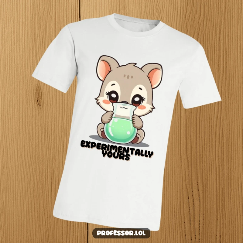 Funny t-shirt with a wide-eyed animal character intently observing a bubbling laboratory beaker, representing scientific discovery.