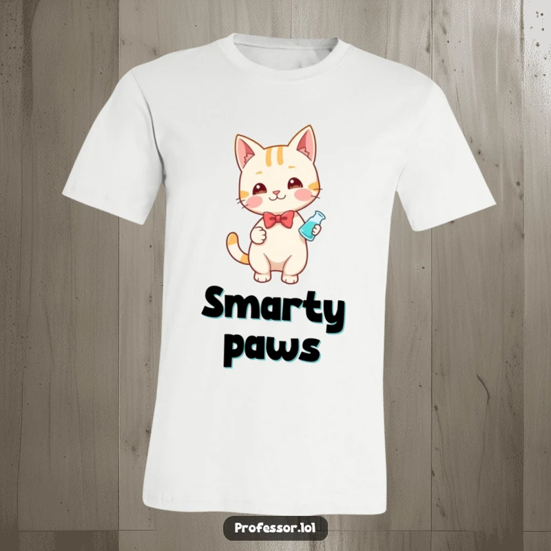 Funny t-shirt graphic of a playful cat in a bow tie holding a small beaker, looking like a smart scientist.