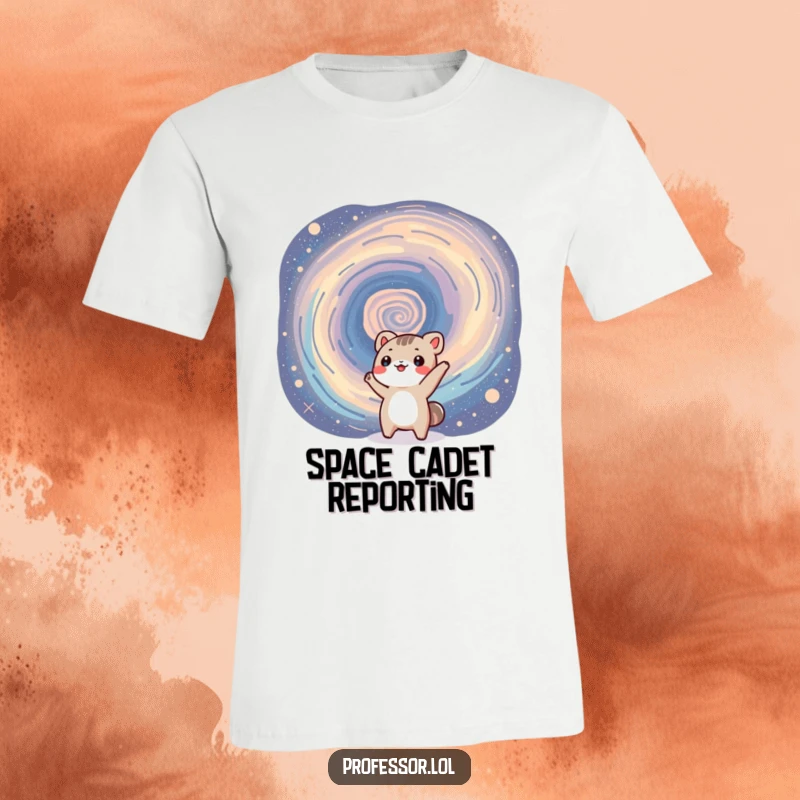 Funny t-shirt featuring a tiny, enthusiastic animal character pointing towards a vast, swirling galaxy, symbolizing curiosity and cosmic exploration.