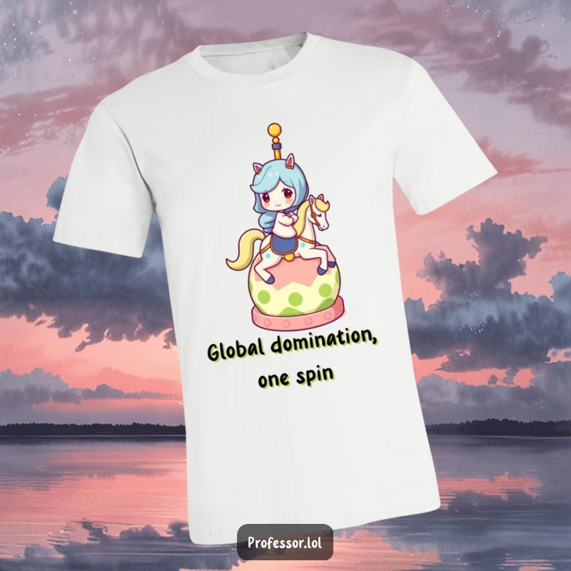 Funny t-shirt with a character boldly riding a dynamic, rolling globe, embodying a spirit of global exploration and excitement.