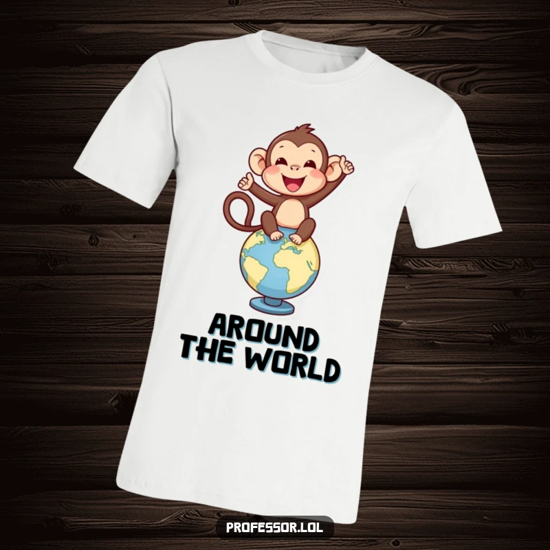 Funny delighted monkey balancing on a world globe, looking happy and ready for adventure on this t-shirt.